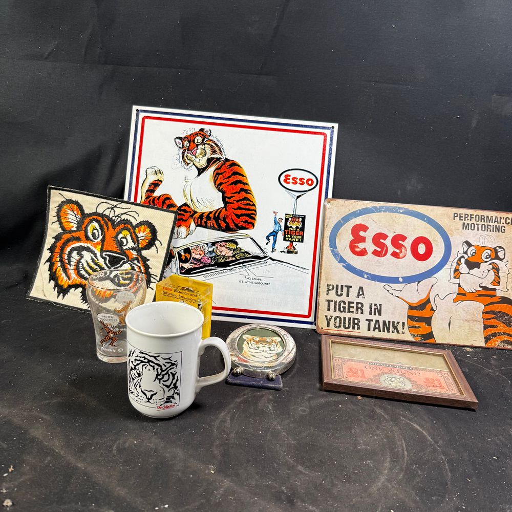 Lot 298: Esso Tiger Advertising Collection Metal Signs and Ephemera Tin and Mixed Media