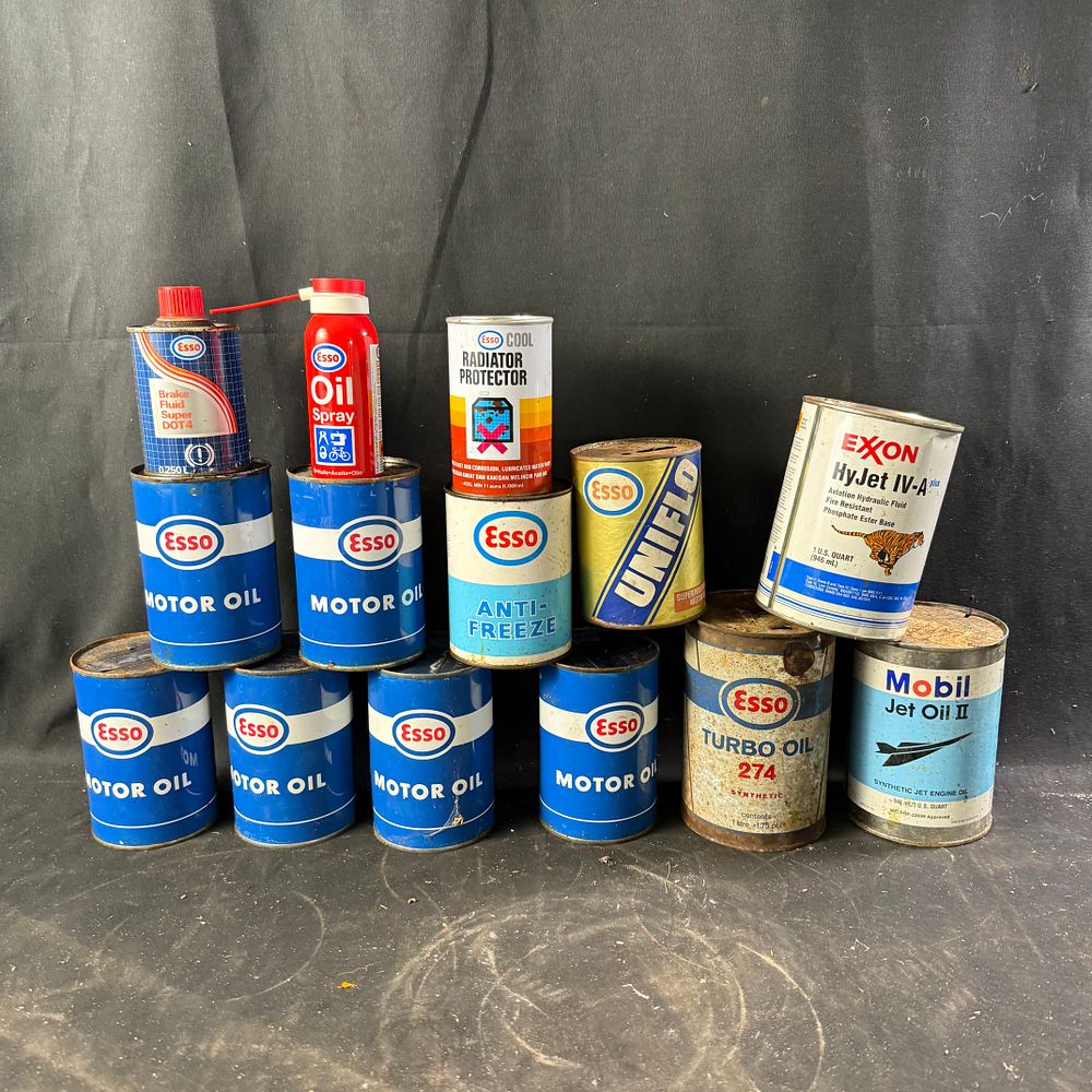Lot 310: Esso Exxon and Mobil Automotive and Aviation Fluid Cans Lithographed Tin