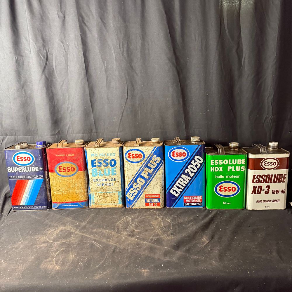 Lot 316: Esso Collection of Seven Motor Oil and Fuel Cans Lithographed Tin
