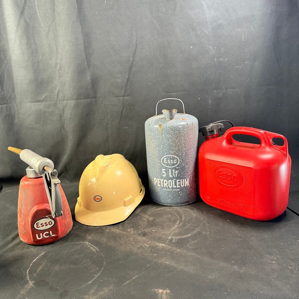 Lot 324: Esso Service Station and Industrial Collection Pump Hard Hat and 5-Litre Cans
