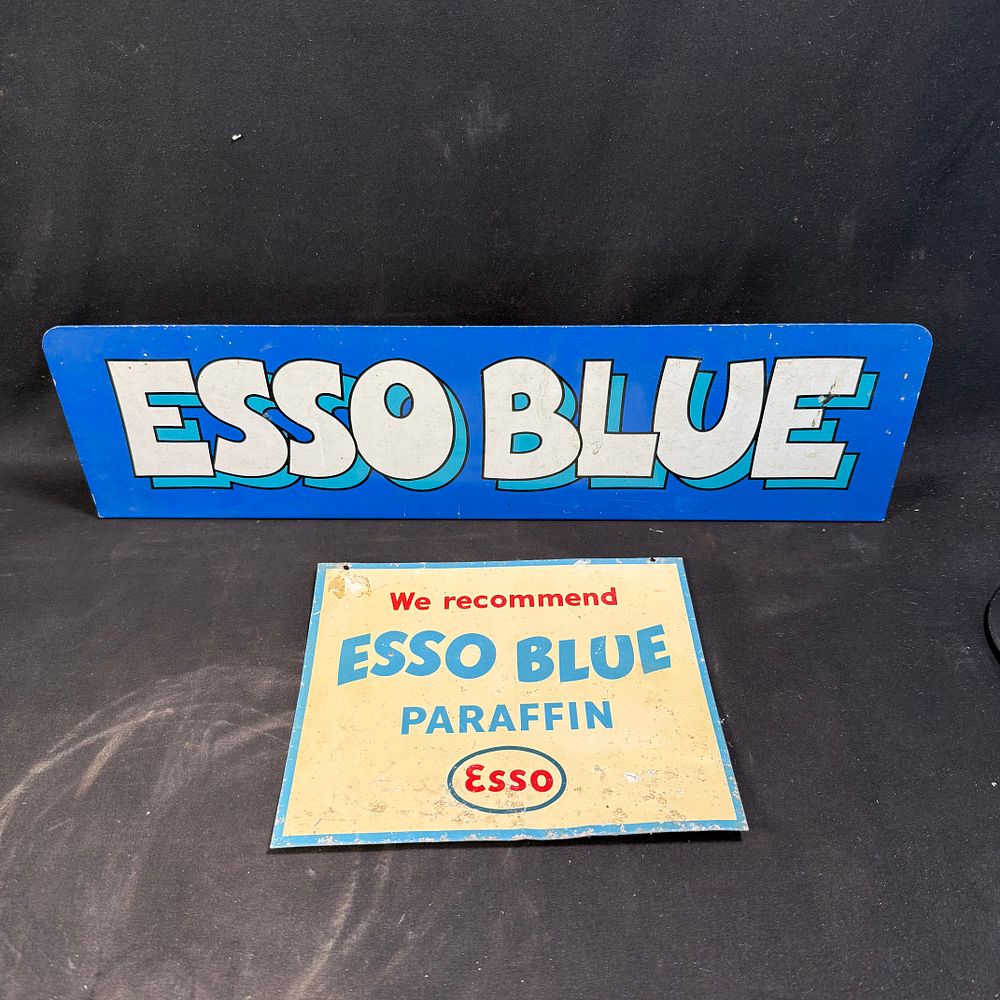 Lot 332: Pair of Esso Blue Paraffin Enameled & Tin Litho Advertising Signs