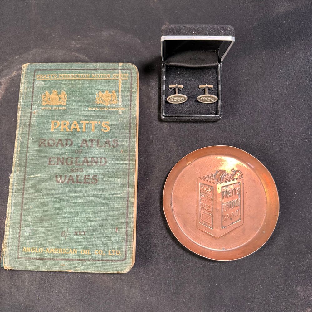 Lot 334: Pratt's and Esso Petroliana Collection Road Atlas Cufflinks and Copper Dish