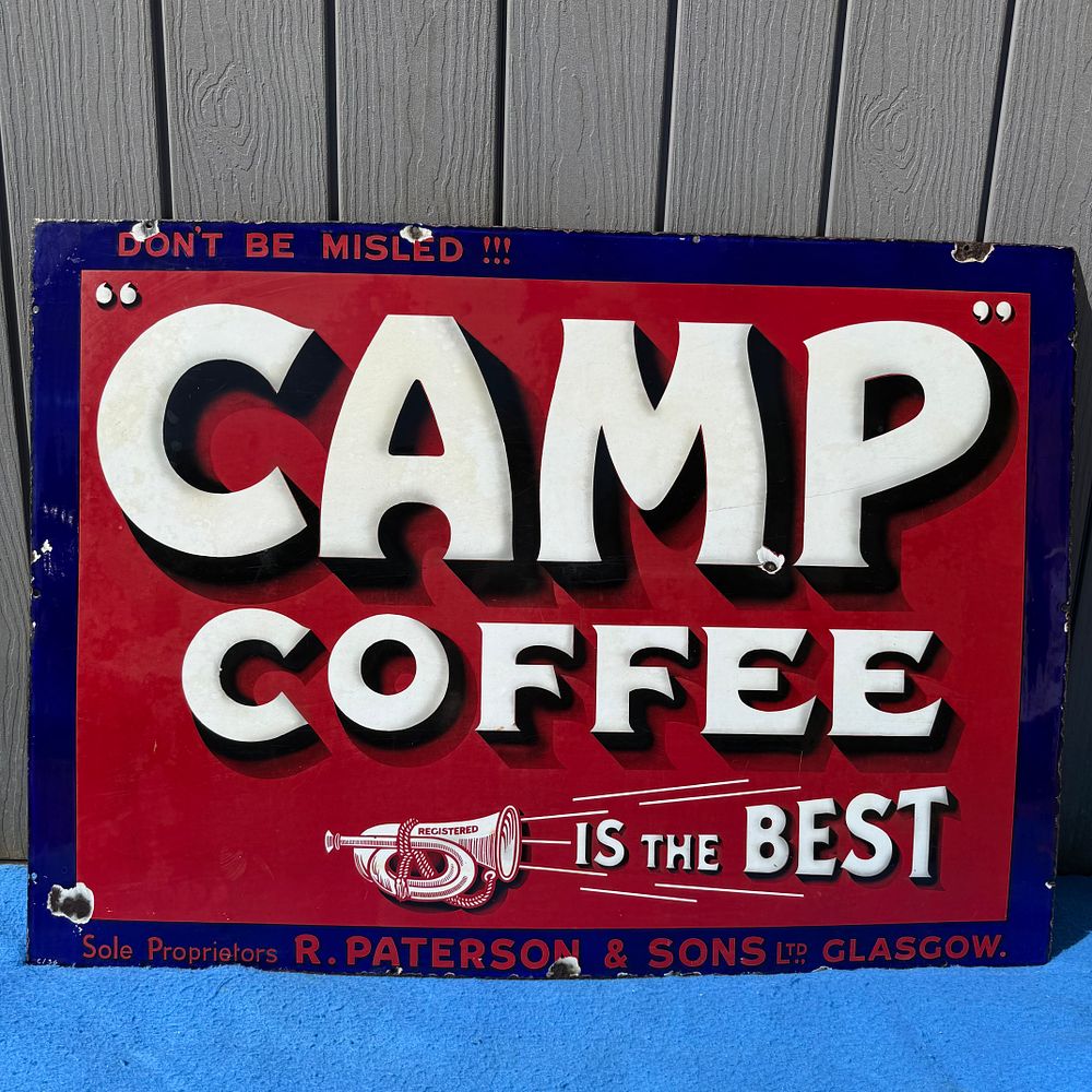 Lot 332: Camp Coffee Enamel Advertising Sign