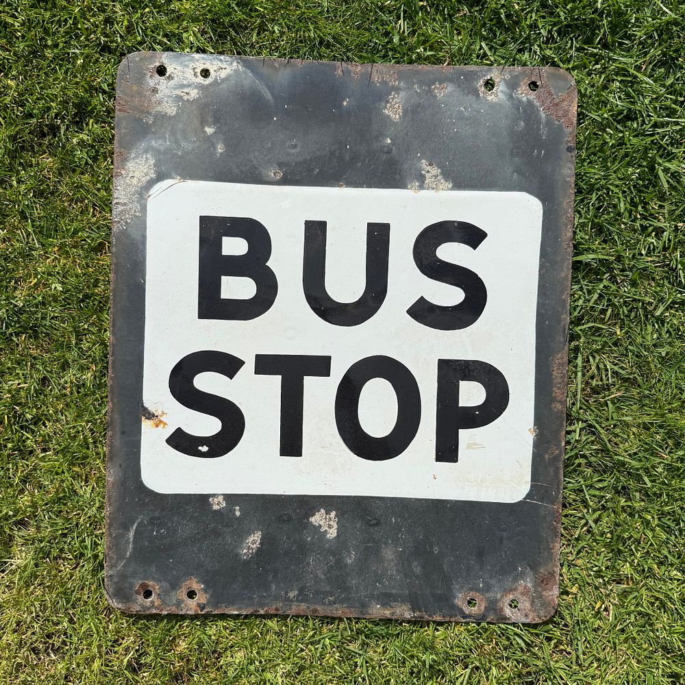 Lot 93: Bus Stop Double-Sided Enamel Advertising Sign