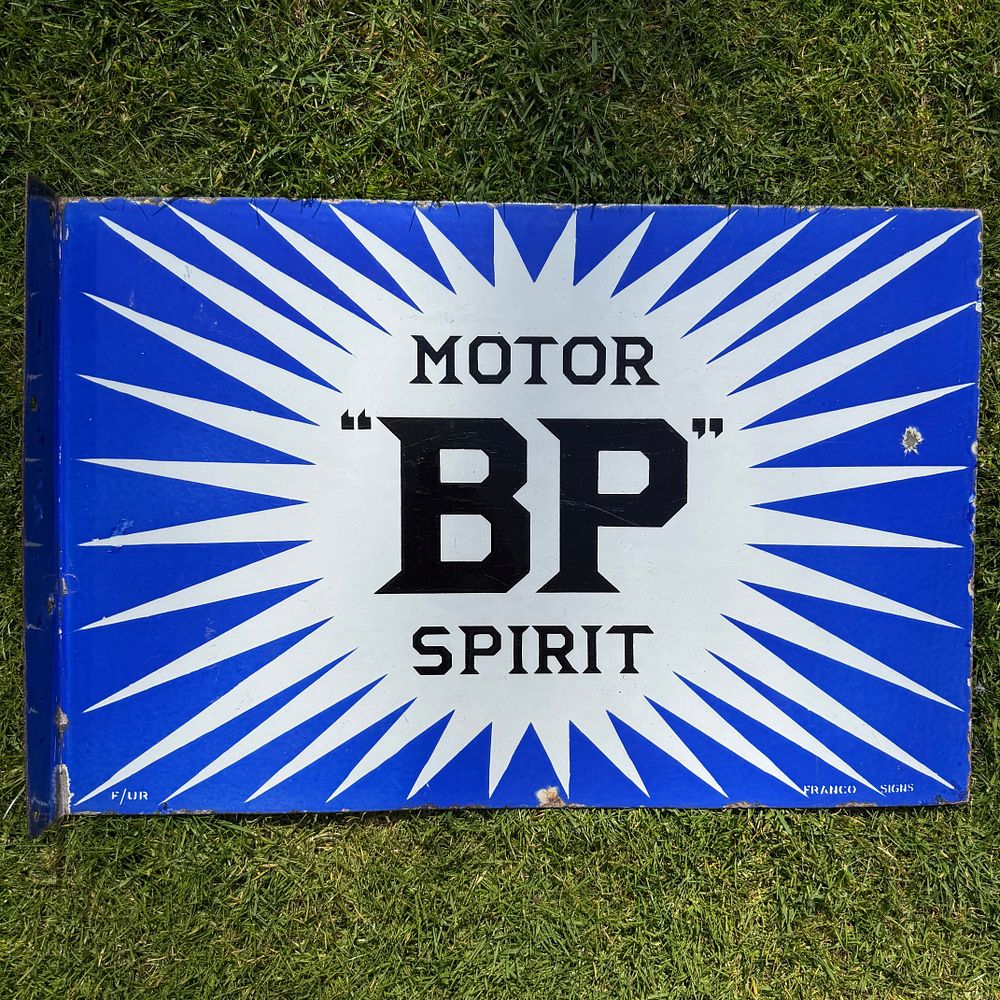Lot 62: BP Motor Spirit Flanged Enamel Advertising Sign