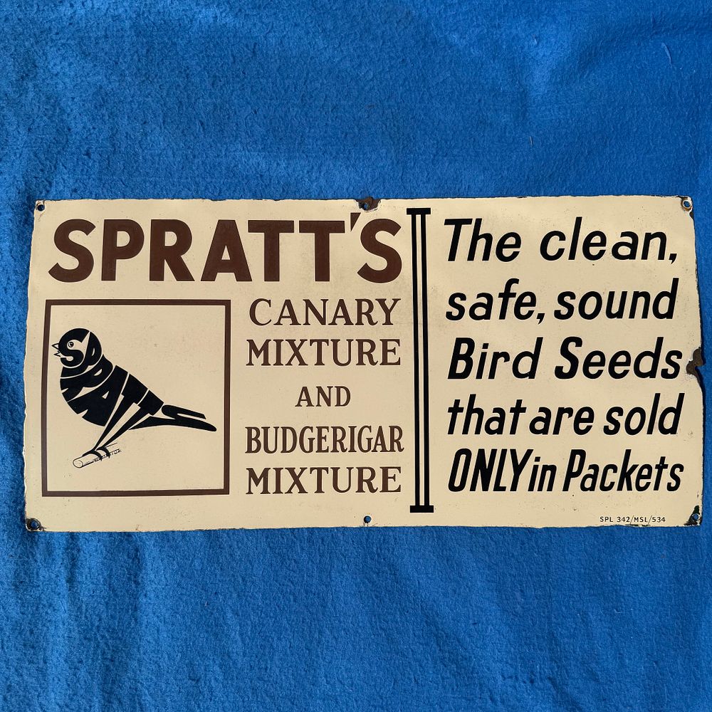 Lot 336: Spratt's Canary and Budgerigar Mixture Enamel Advertising Sign