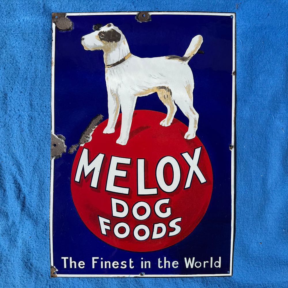 Lot 337: Melox Dog Foods Enamel Advertising Sign