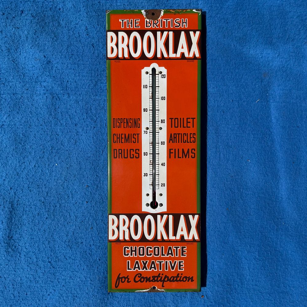 Lot 306: Brooklax Chocolate Laxative Enamel Advertising Thermometer Sign