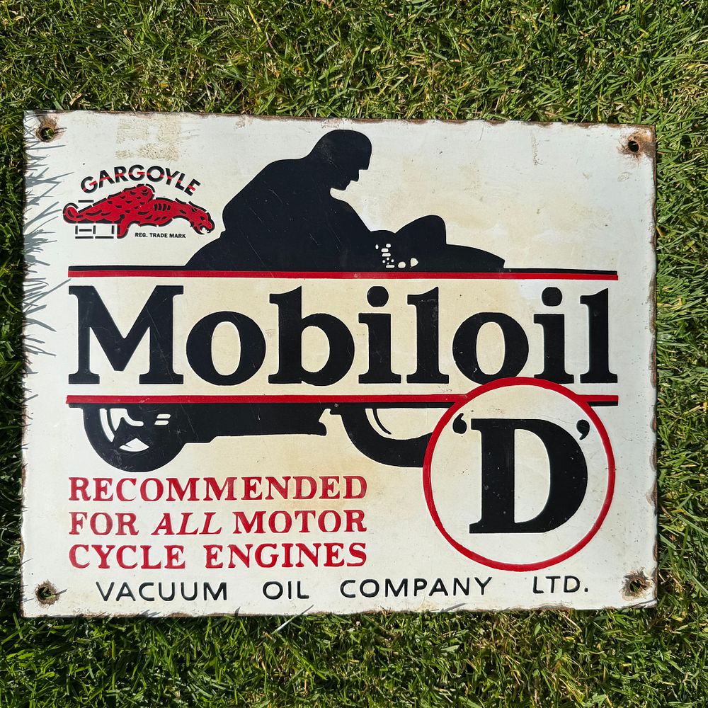 Lot 249: Mobiloil 'D' Motor Cycle Enamel Advertising Sign (Reproduction)