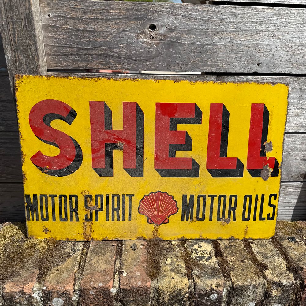 Lot 464: Shell Motor Spirit and Motor Oil Double-Sided Enamel Advertising Sign