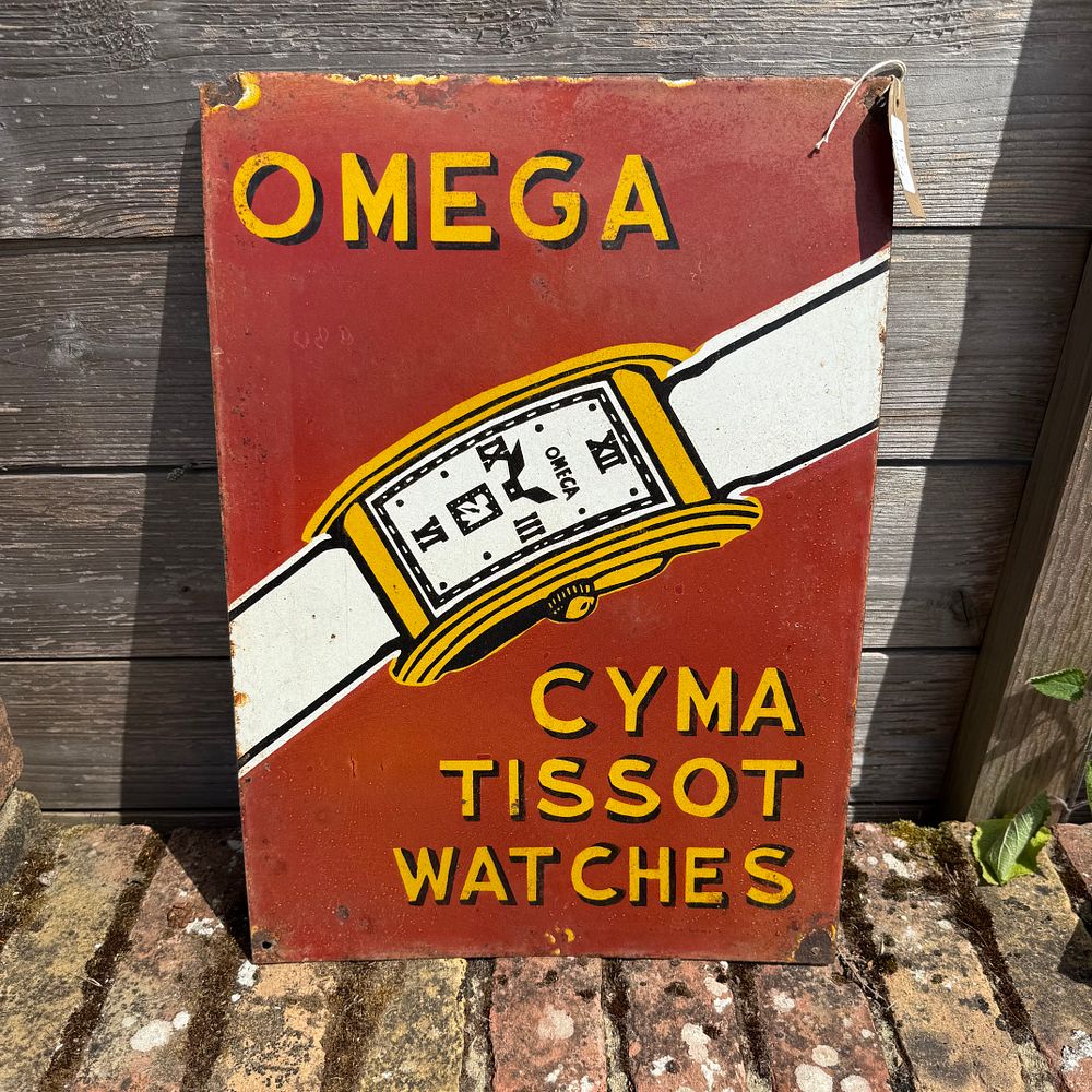 Lot 572: Omega Cyma Tissot Watches Enamel Advertising Sign, reproduction