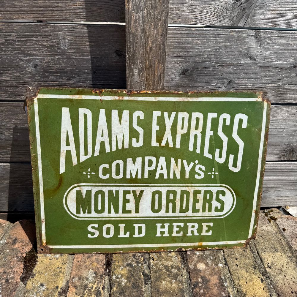 Lot 574: Adams Express Company Money Orders Enamel Advertising Sign, reproduction