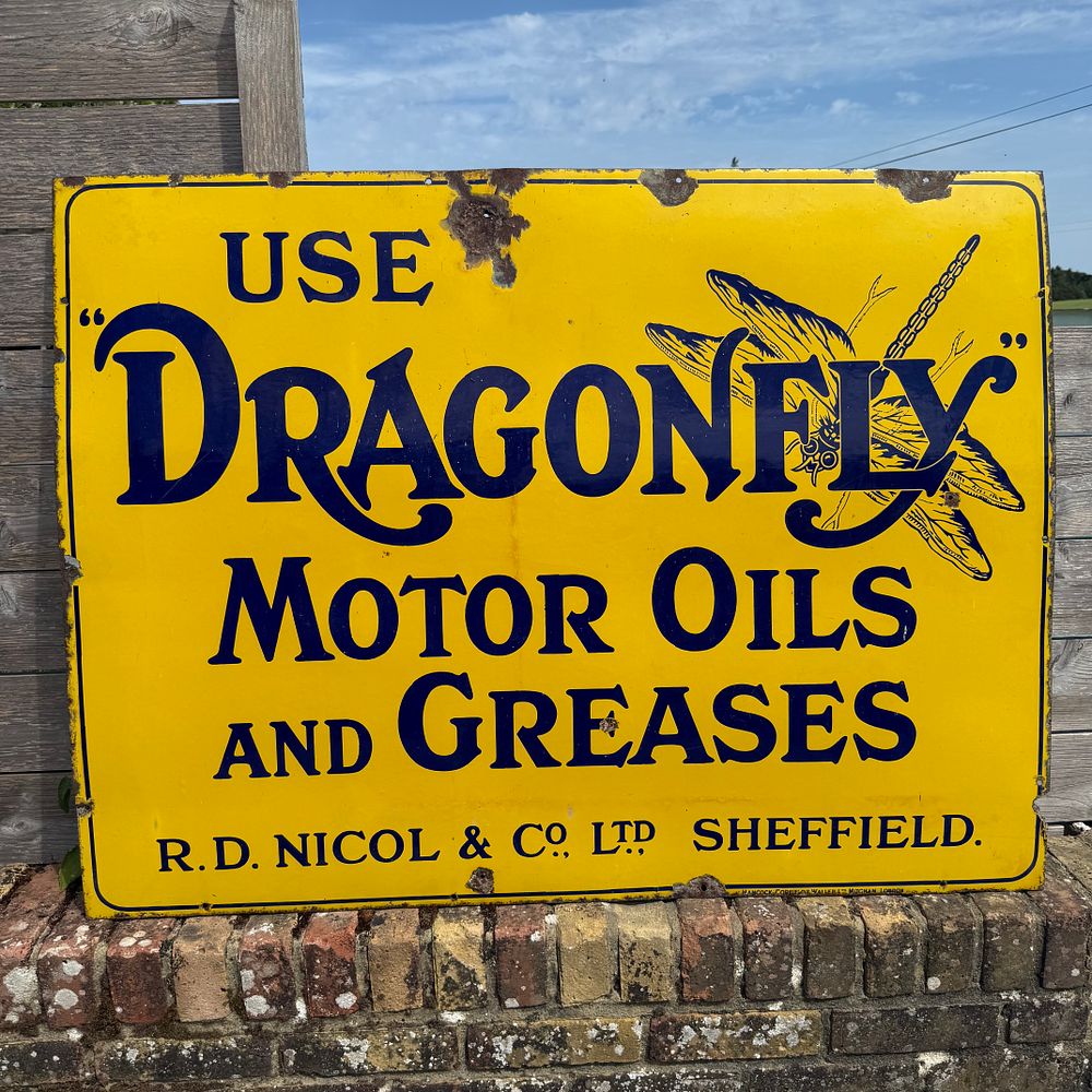 Lot 486: Dragonfly Motor Oils and Greases Enamel Advertising Sign