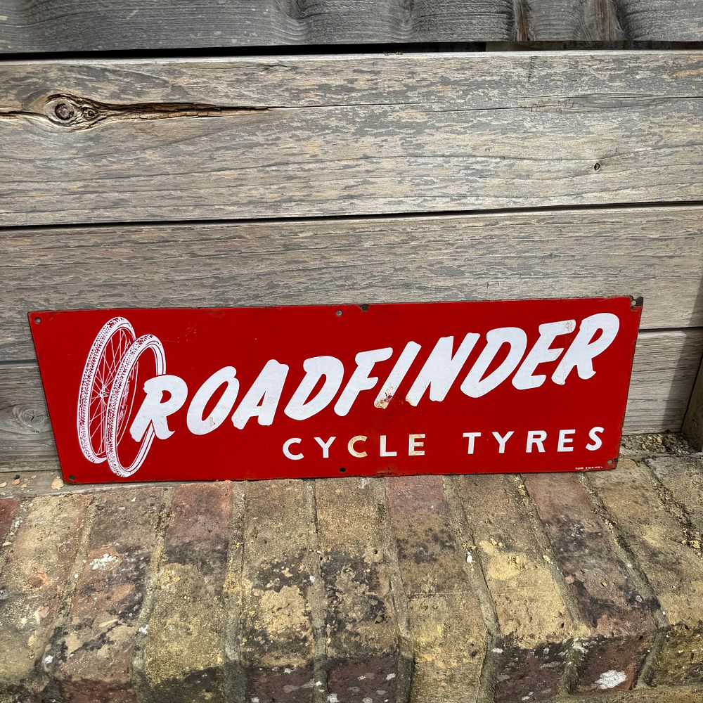 Lot 595: Roadfinder Cycle Tyres Enamel Advertising Sign