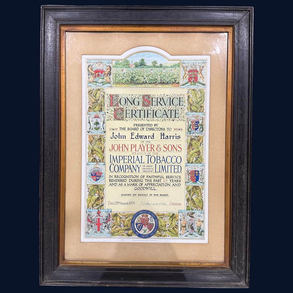 Lot 216: John Player & Sons Imperial Tobacco Company Long Service Certificate 1928