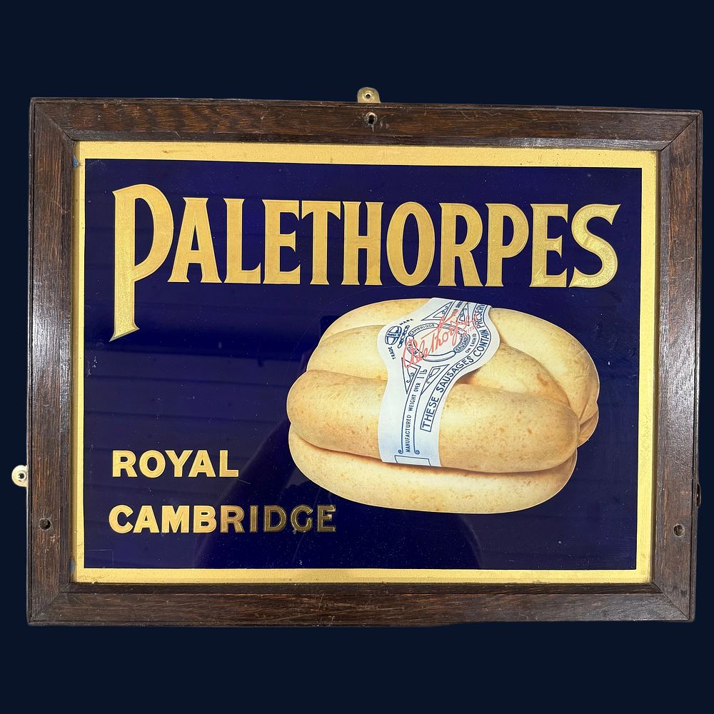 Lot 247: Palethorpes Royal Cambridge Sausages Reverse Painted Glass Advertising Sign