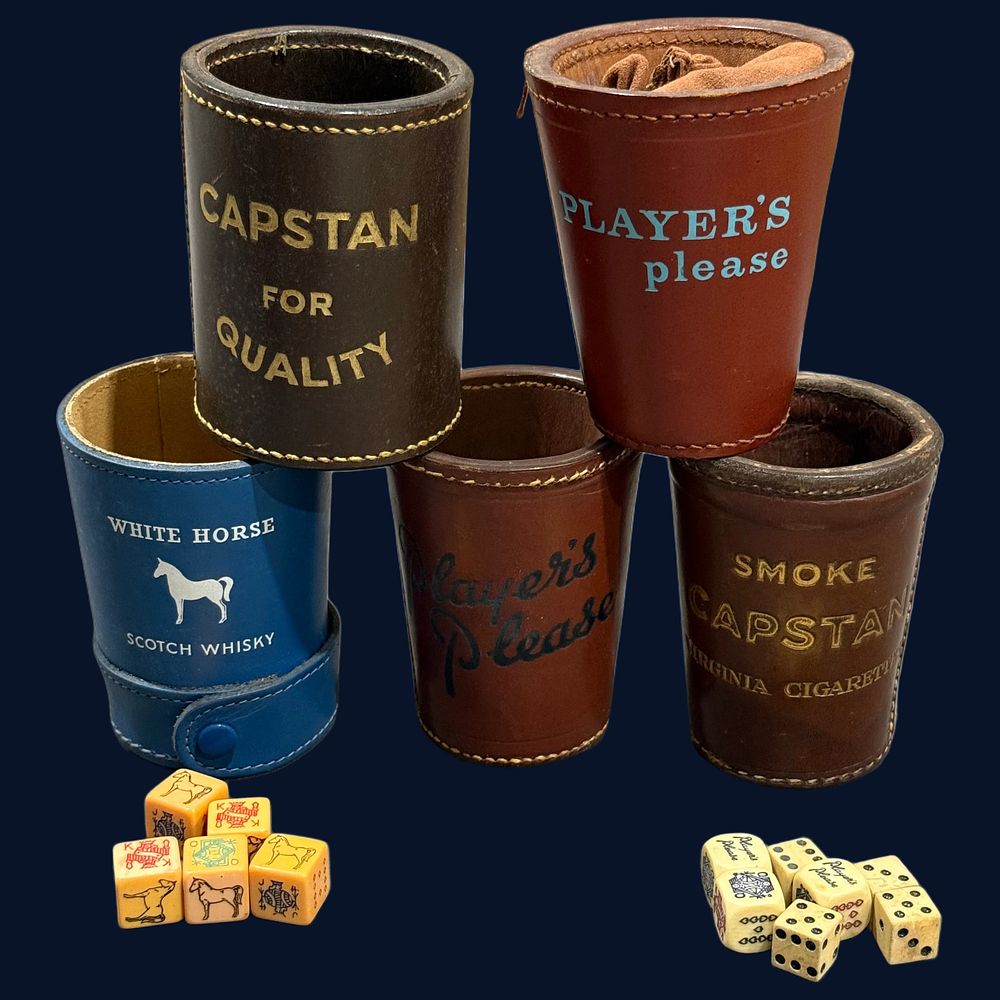 Lot 295: A Collection of Leather Advertising Dice Cups and Associated Gaming Dice