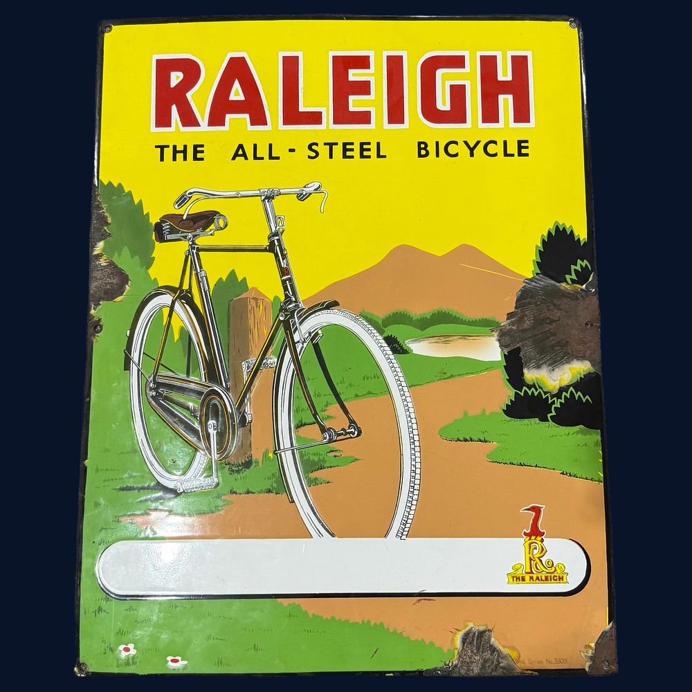 Lot 410: Raleigh The All-Steel Bicycle Enamel Advertising Sign