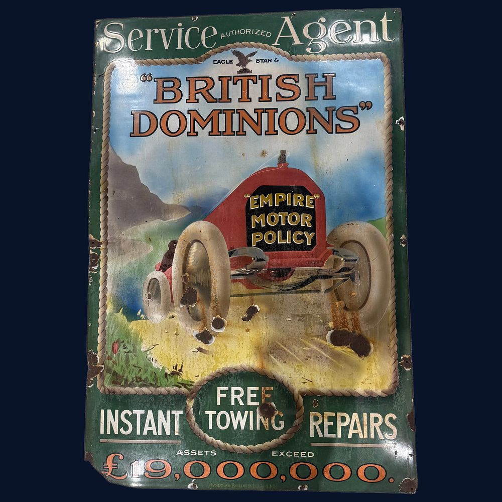Lot 415: British Dominions Empire Motor Policy Motoring Enamel Advertising Sign