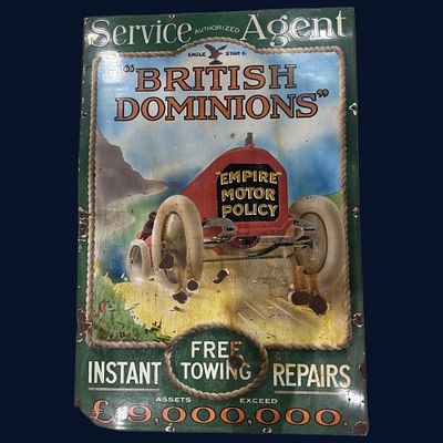 British Dominions Empire Motor Policy Motoring Enamel Advertising Sign