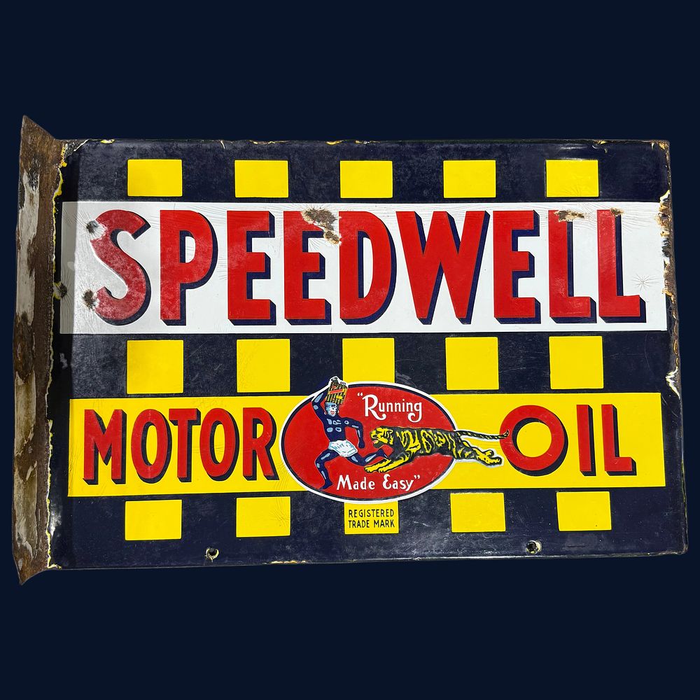 Lot 418: Speedwell Motor Oil Flanged Enamel Advertising Sign
