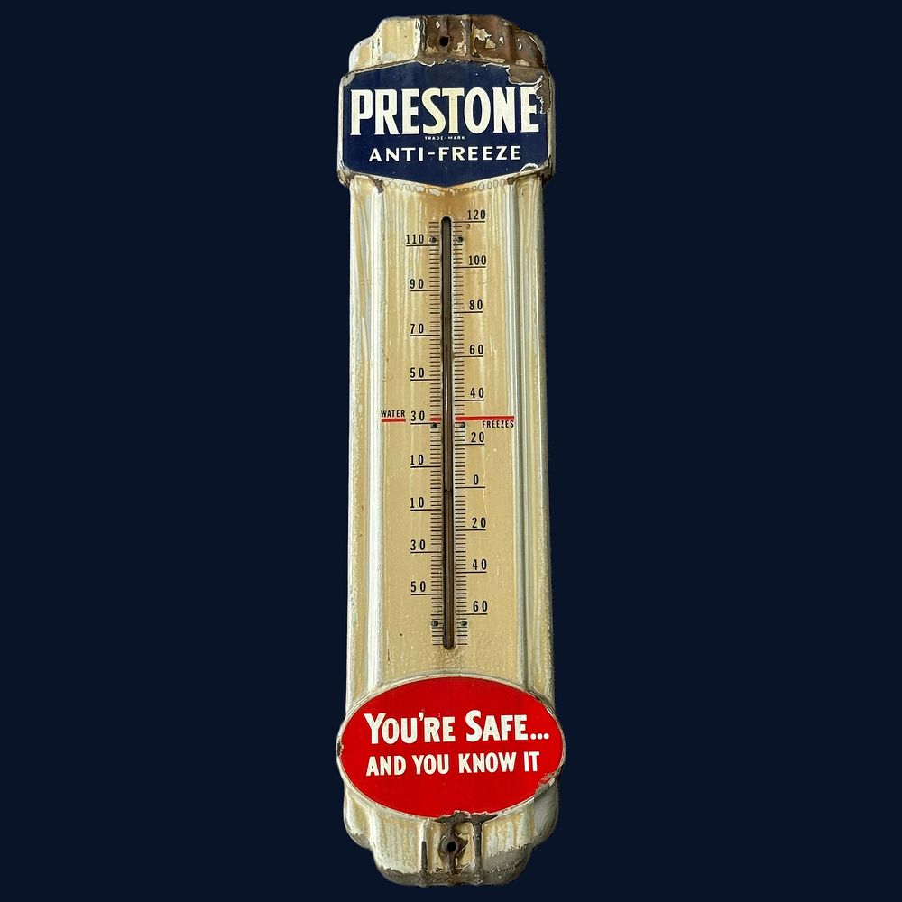 Lot 427: Prestone Anti-Freeze Enamel Advertising Sign Thermometer