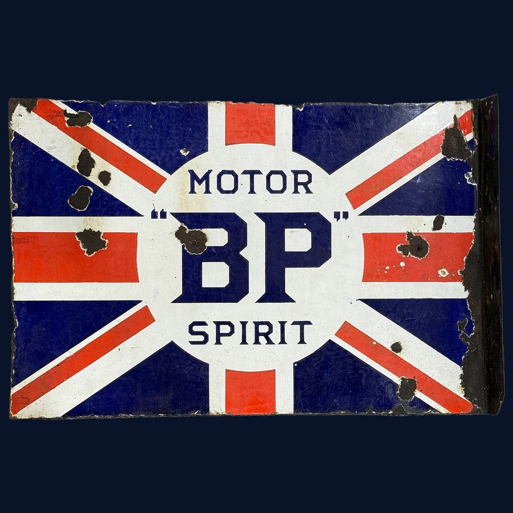 Lot 434: BP Motor Spirit Flanged Enamel Advertising Sign