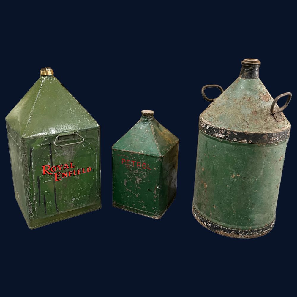 Lot 531: Three Fuel and Oil Cans Including Royal Enfield Pyramid Can
