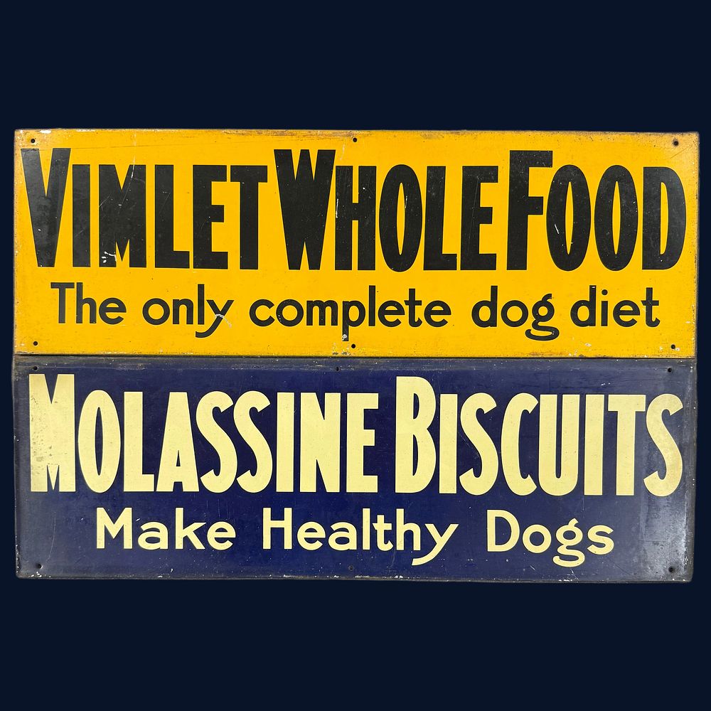 Lot 565: A Rare Pair of Tin Advertising Signs; Molassine Biscuits and Vimlet Whole Food