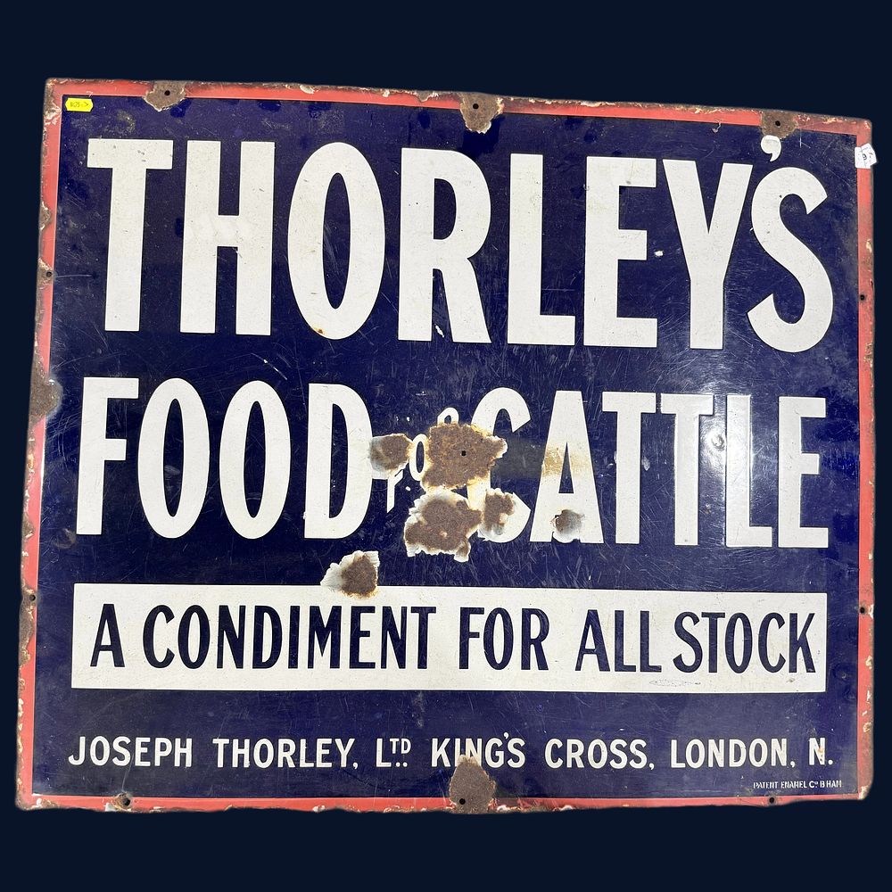 Lot 582: Thorley's Food for Cattle Enamel Advertising Sign