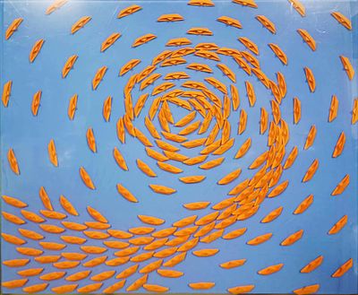 Riccardo Gusmaroli, Vortice arancio, 2024 - Riccardo Gusmaroli, Tecnica mista e barchette di carta 