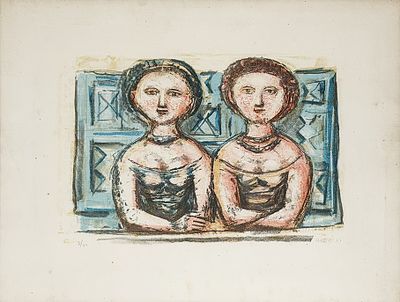 Massimo Campigli, Donne a Teatro, 1965 - Massimo Campigli, Litografia a colori, Ed. 7/60, 44x58 cm 