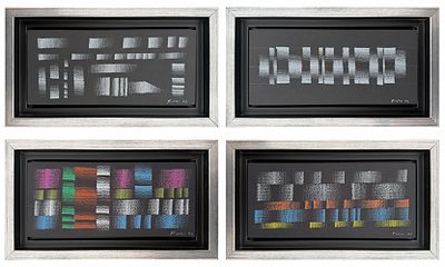 Ennio Finzi, Senza titolo, 1974/1978 - Ennio Finzi, 4 opere - tecnica mista su cartoncino, 11x24,5 