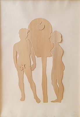Mario Ceroli, Adamo ed Eva, Anni '70 - Mario Ceroli, Legno di balsa lavorato su carta, 100x70 cm 