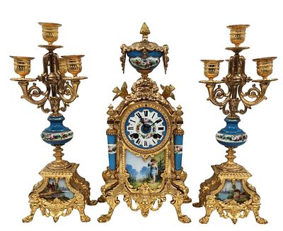 Antique French Garniture set, 19th century, includes a mantel clock and a pair of matching 