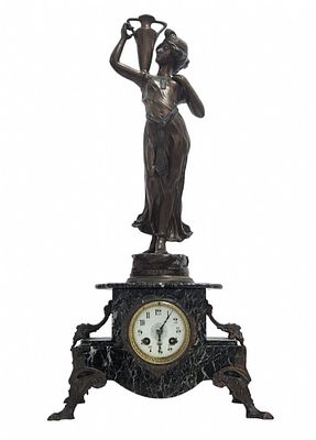 Antique French mantle clock, 19th century. made of mottled Egyptian granite marble and Spelter 