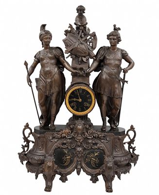 Large antique French mantel clock. Magnificent and impressive, made of spelter painted with a 