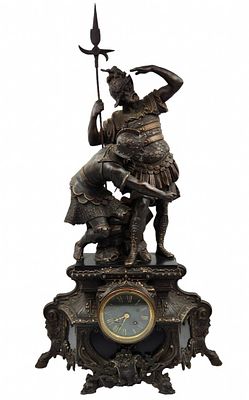 Large antique French mantel clock. Magnificent and particularly impressive, made of Spelter, the 
