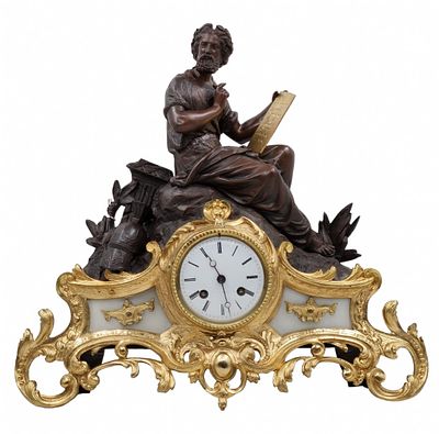 Antique and luxurious French mantel clock. Made of cold-painted falter, golden falter and white 