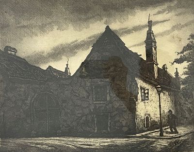 Luis Augusto Chareun - 'דמות מתחת לפנס רחוב', הדפס (תצריב) ישן, חתום, פגמים, מידות: 35X42 ס"מ. 