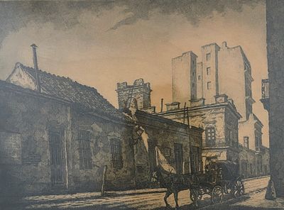 Luis Augusto Chareun - 'כרכרה ברחוב', הדפס (תצריב) ישן, חתום, מידות: 38X50 ס"מ. תקופה: המאה 