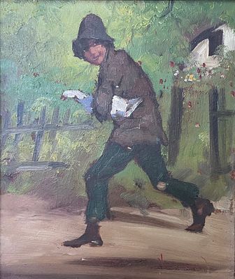 'גנב האווזים' - ציור אירופאי עתיק, שמן על לוח, חתום, מידות: 26X22 ס"מ. תקופה: המאה ה-20