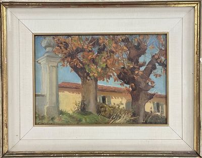 'שני עצים בשלכת לצד עמוד אבן לבן' - ציור אירופאי עתיק מתחילת המאה העשרים, כפי הנראה שמן על לוח 