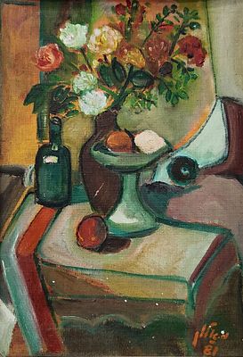 מקס אלון, 'קערת פירות ובקבוק יין' - שמן על בד צרפתי. נתז של טיפות לבנות, 
חתום ומתוארך 1981 