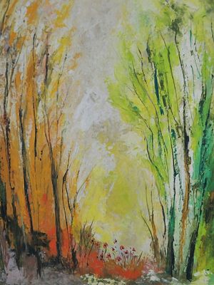 א. אורן (A.OREN), 'כלניות בחורשה' - שמן על לוח, חתום בפינה השמאלית התחתונה. מידות התמונה: 48X33 