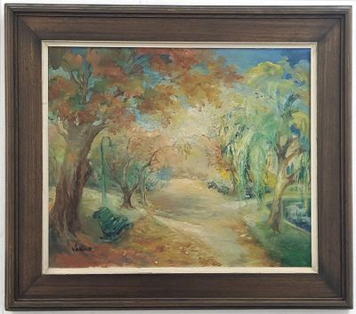 'ספסל בשדרה' - שמן על בד, חתום. קילופי צבע (מצולם) נושא בגב הציור את שם האמנית, שם היצירה 