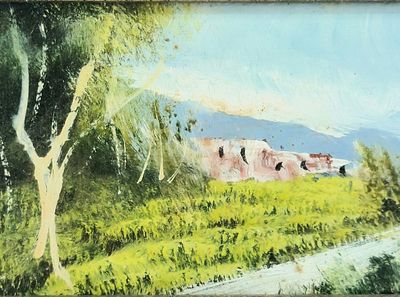 'נוף' - ציור קטן, שמן על לוח מזוניט, לא חתום, . מידות: 9X15 ס"מ
מידות המסגרת: 24X30 ס"מ. תקופה: 