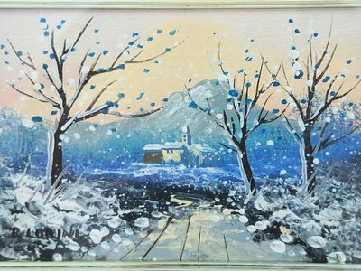 'נוף מושלג' - ציור שמן על לוח, חתום, . מידות: 10X15 ס"מ, 
מידות המסגרת: 28.5X33 ס"מ. תקופה: 