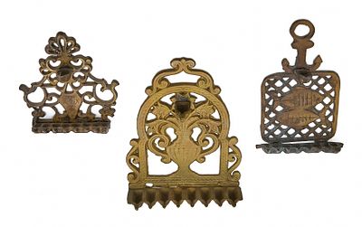 3 Menorahs in North African Style Made of Cast Brass. The menorah decorated with an anchor and 
