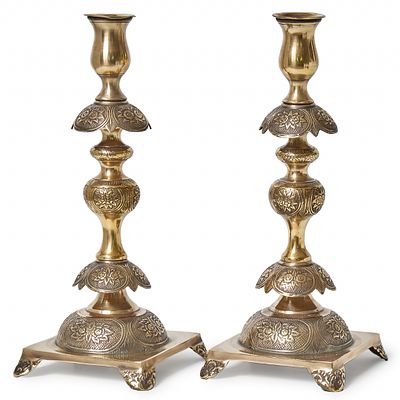 Pair of Sabbath candlesticks in antique Polish Warsaw style made of brass, not stamped. Base 